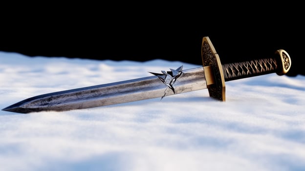 A beautifully crafted sword lies on a soft cloud surface, showcasing intricate details on its hilt. The background exudes a mystical ambiance, enhancing the serene yet powerful vibe photo
