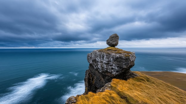 A unique rock formation sits balanced on a cliff edge, surrounded by vibrant grass and overlooking turbulent ocean waves. The sky is filled with dark clouds, hinting at an impending storm photo