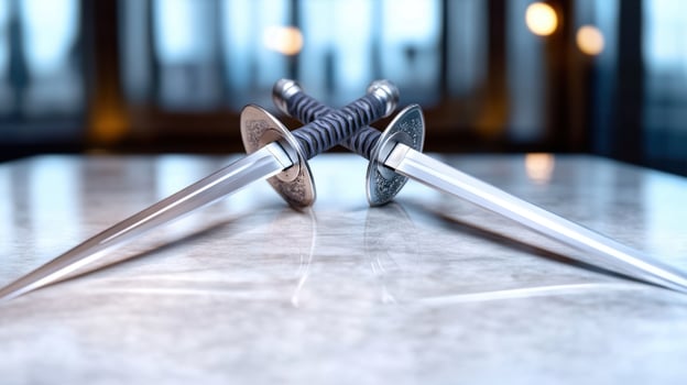 Two intricately designed swords are crossed on a polished marble table in a stylish interior. Soft lighting highlights their detailed craftsmanship, creating a sophisticated ambience photo