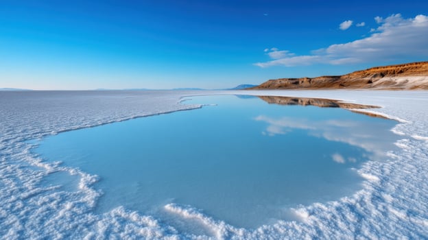 A vast salt flat stretches out under a clear blue sky, showcasing shimmering pools of water that reflect the surrounding clouds and rocky formations, creating a serene and beautiful atmosphere photo