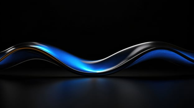 Flowing curves create an elegant shape highlighted by blue and gold lighting against a dark background, evoking a sense of movement and fluidity photo