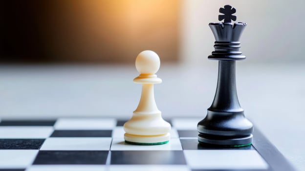Focus on a white pawn positioned next to a black king on a classic chessboard. The players engage intensely, contemplating their next moves in a tactical showdown photo