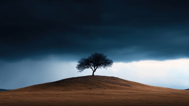 A solitary tree rises on a grassy hill, surrounded by dark storm clouds. The atmosphere is moody, hinting at a storm as the landscape prepares for rain photo