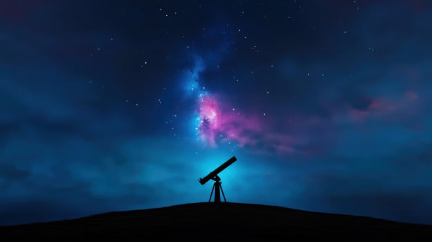 A telescope stands silhouetted against a breathtaking night sky filled with stars and an ethereal nebula. The scene captures the beauty of the cosmos and encourages exploration photo