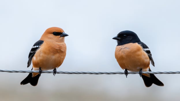 Two vibrant birds sit closely on a wire, showcasing their striking colors against a light background. This moment captures nature's beauty in a peaceful environment photo