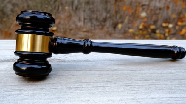 A judge's gavel on a wooden table photo