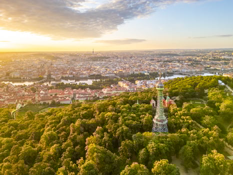 Aerial view of Prague at sunset photo