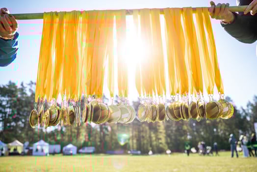 Gold medals with yellow ribbons hang from a wooden rod, sunlight streaming through. An open grassy field with people and tents is visible in the distance. photo