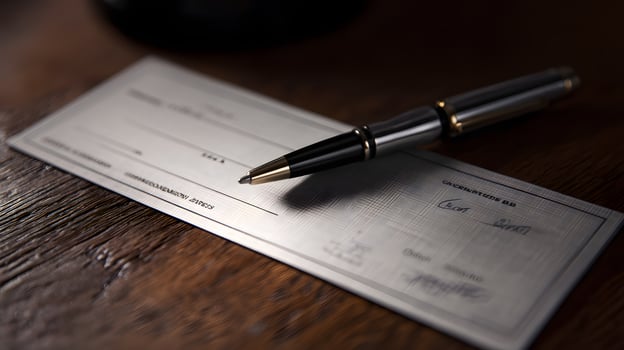 Business Check with Pen on Wooden Desk in Office Setting photo