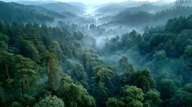 Lush Green Forest Valley Covered in Mist During Morning Light photo