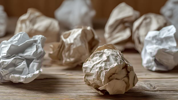 Crumpled Paper Balls on Wooden Surface in Warm Indoor Lighting photo