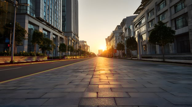 Empty Urban Street at Sunset with Modern Buildings and Tree-lined Sidewalks photo