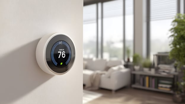 Smart Thermostat Display Showing 76 Degrees on White Wall in Modern Living Room with Large Windows and Natural Light photo