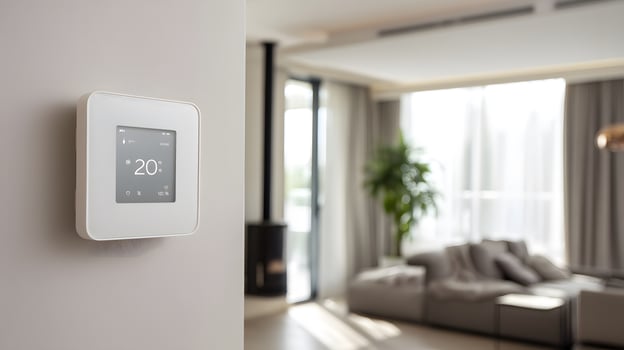 Modern Smart Thermostat Mounted on White Wall in Bright Living Room with Large Windows and Comfortable Sofa photo
