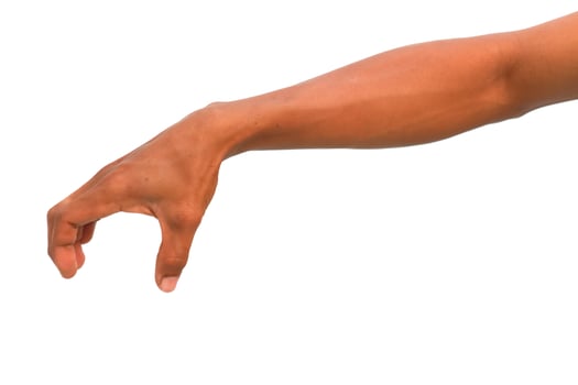 Isolated arm and hand of a person in the grabbing position against white background, providing diverse representation photo