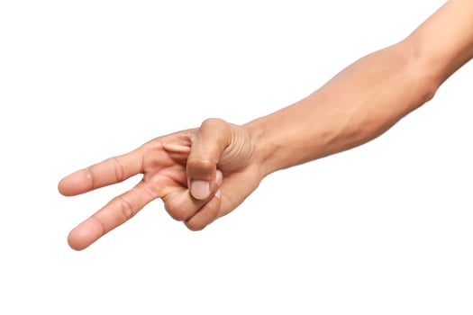 Hand with two fingers extended, representing peace, victory or the number two isolated against white background photo