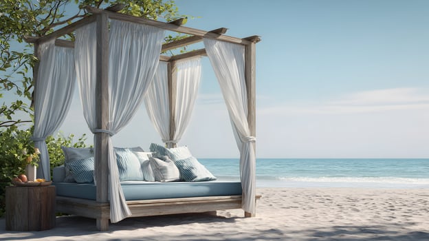 Seaside serenity a luxurious wooden daybed with billowing white curtains graces a tranquil beach scene photo
