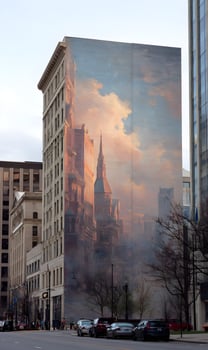 Urban art meets architectural grandeur a captivating mural adorns a cityscape building facade facade design photo