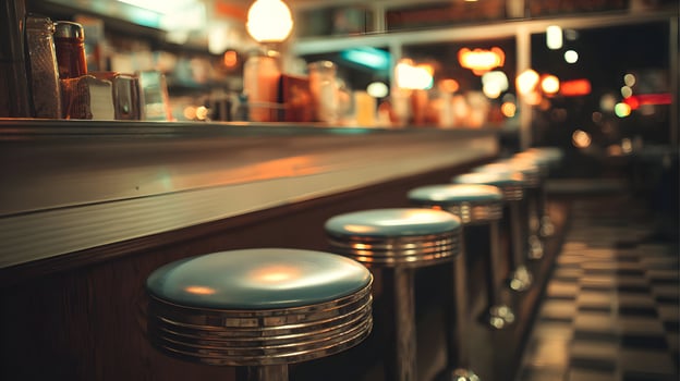 Atmospheric American Diner Interior Featuring Classic Stools and Warm Lighting Inviting Nostalgia and Comfort photo