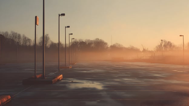 Empty parking lot with street lights shrouded in thick fog during a serene sunrise or sunset photo