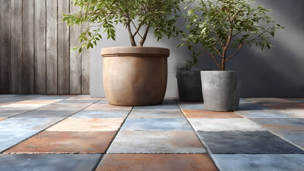 Serene outdoor space showcasing potted plants and vibrant floor tiles creating a peaceful ambiance photo