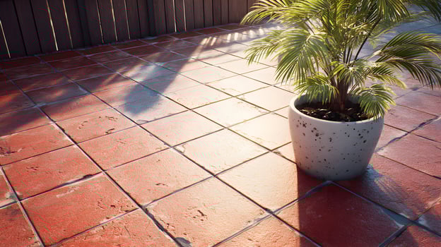 Sunlit terracotta tiled patio with tropical plant in pot creating a warm inviting outdoor space photo