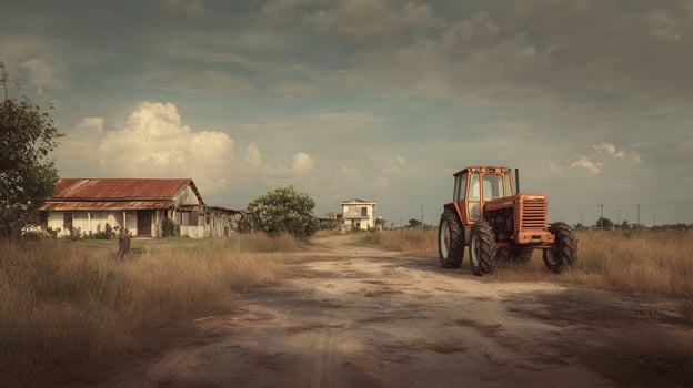 Rustic charm unfolds an old tractor stands proudly on a country road with homes in the background photo