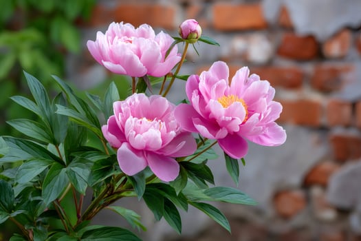 Pink peonies blooming near a brick wall in a garden photo