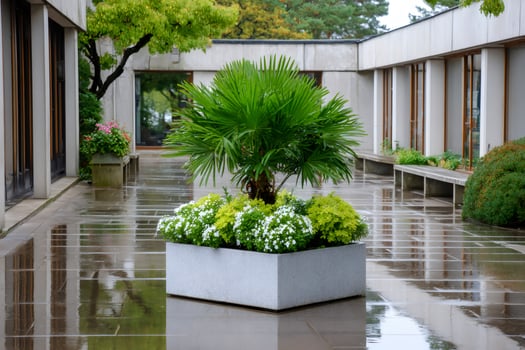 Lush palm tree decorating modern building courtyard after rain photo