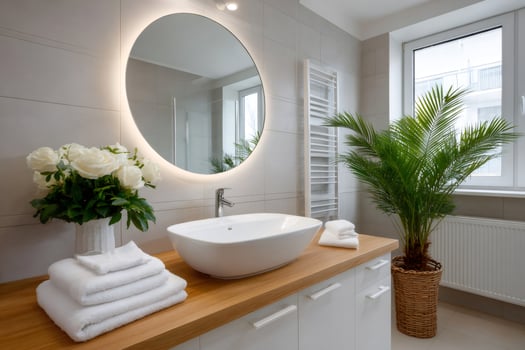 Modern bathroom interior with white roses illuminating round mirror photo