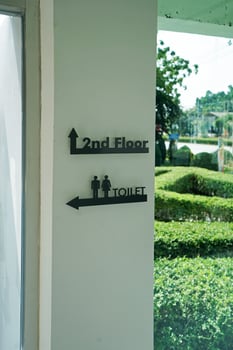 Toilet and 2nd second floor directional sign on white wall photo