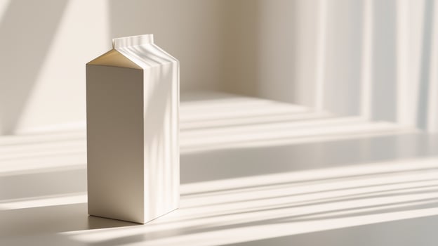 A white carton stands alone, creating an interplay of light and shadows on a smooth surface. photo