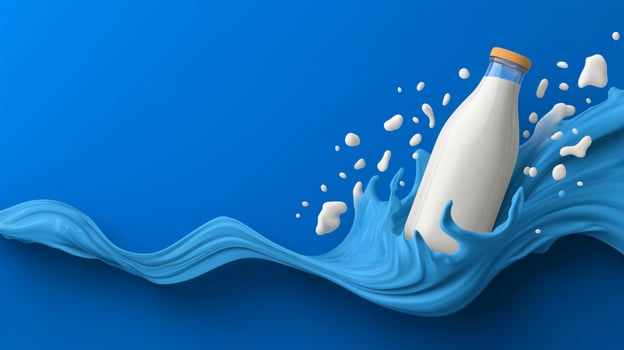 Milk splashes energetically on a vivid blue background, embodying freshness and dynamism. photo