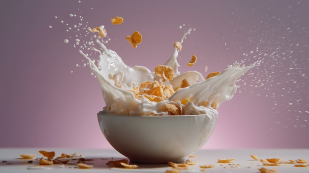 Cereal and milk splash in a bowl, creating a vibrant breakfast scene. photo