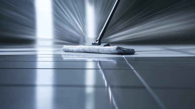 A mop glides across sleek tiles, reflecting light in a well-lit indoor area, showcasing cleanliness. photo