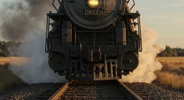 Dramatic view of a vintage steam train at dusk delivering goods on a historic railway network in the countryside photo