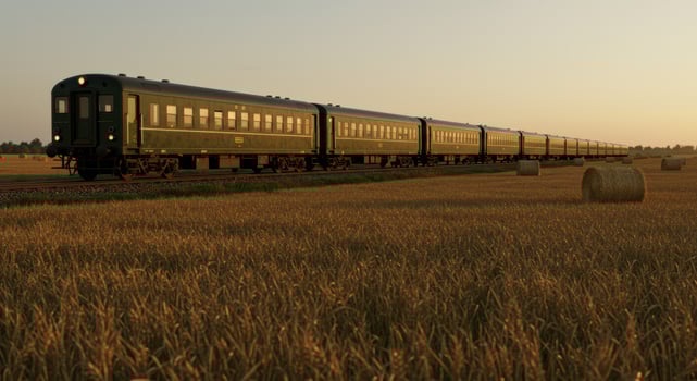 Vintage train glides through golden wheat field at sunset offering a nostalgic scenic view of rural transportation and a bygone era photo