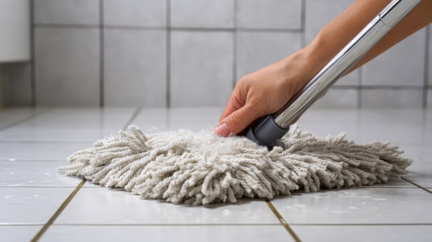 A person is mopping a tiled floor with a fluffy mop in a well-lit bathroom setting. photo