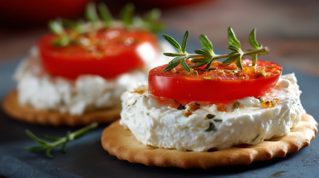 Crispy crackers with creamy cheese, fresh tomatoes, and herbs make a delicious snack. photo