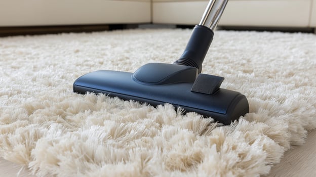 A vacuum cleaner is being used on a fluffy rug while cleaning a well-lit living room. photo