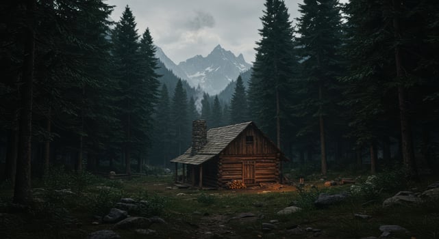 Remote log cabin nestled in a tranquil forest landscape with majestic mountains providing a peaceful escape photo