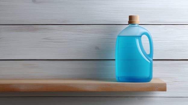 A blue liquid bottle is sitting alone on a wooden shelf with a clean background. photo