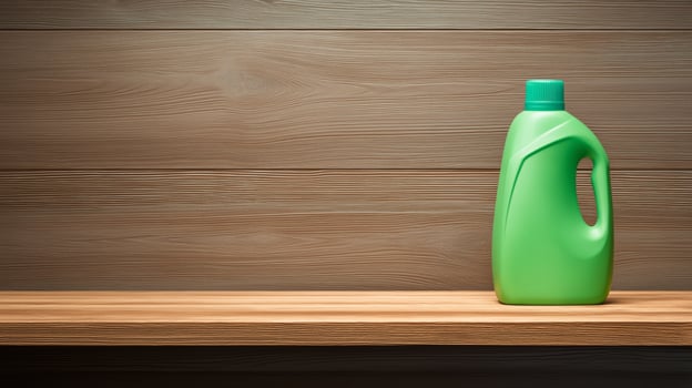 Bright green detergent bottle stands alone on a wooden shelf, suggesting tidiness in the kitchen. photo
