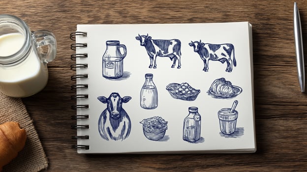 Illustrations show cows, milk, and dairy products on a textured wooden background with utensils. photo