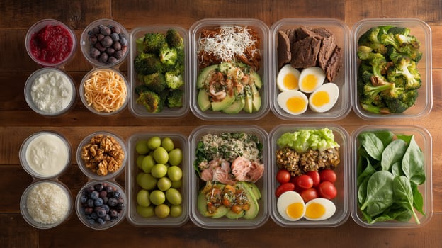 Colorful containers filled with balanced meals showcase healthy ingredients ready for the week. photo