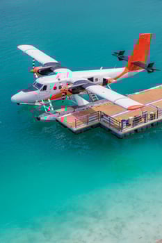 Seaplane on a dock above turquoise water photo