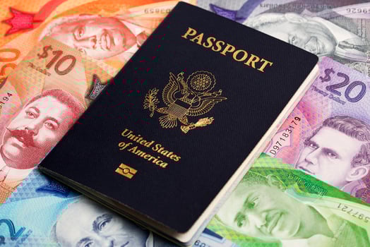 American passport on Barbadian dollar photo