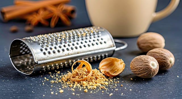 Dark Slate Countertop with Small Pile of Freshly Grated Nutmeg Beside It photo