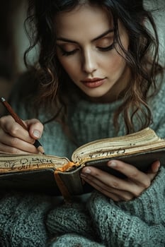 A young woman engrossed in writing in an old book. photo