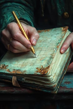Aged journal with a golden pen in hand. photo